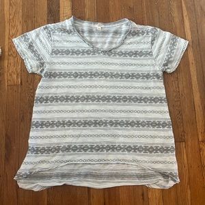 Gray and white print shirt longer in length size M